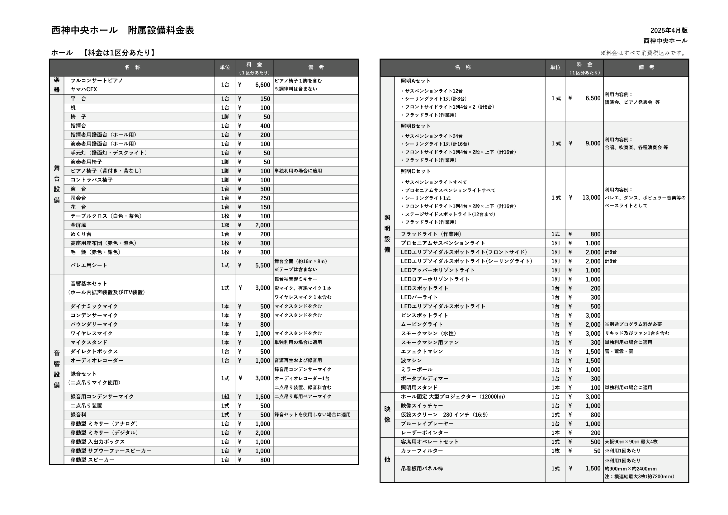 附属設備料金表